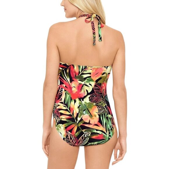 NWT Ralph Lauren Keyhole Halter Leaf Print One Piece Swimsuit Size 16 - Picture 3 of 12